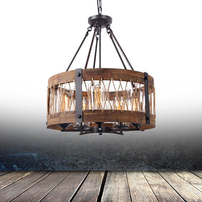 Traditional Drum Shaped Hanging Lamp 5 Bulbs Wooden Chandelier Light Fixture in Brown Clearhalo 'Ceiling Lights' 'Chandeliers' Lighting' options 340575