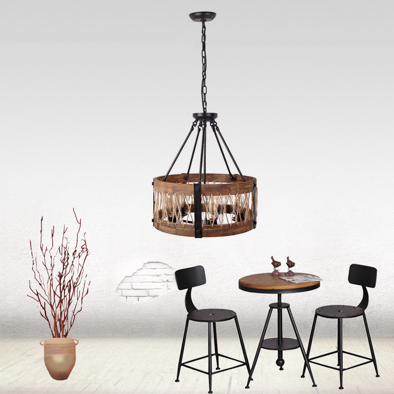 Traditional Drum Shaped Hanging Lamp 5 Bulbs Wooden Chandelier Light Fixture in Brown Clearhalo 'Ceiling Lights' 'Chandeliers' Lighting' options 340576