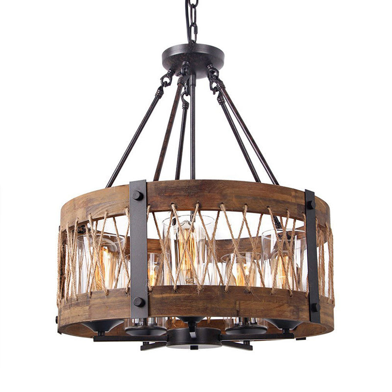 Traditional Drum Shaped Hanging Lamp 5 Bulbs Wooden Chandelier Light Fixture in Brown Clearhalo 'Ceiling Lights' 'Chandeliers' Lighting' options 340577