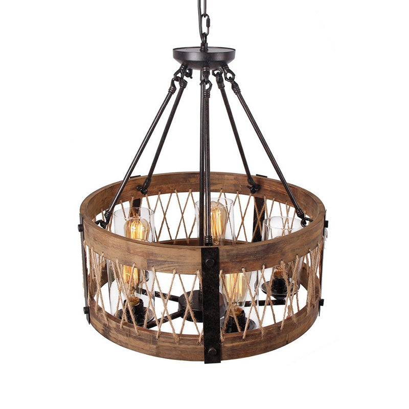 Traditional Drum Shaped Hanging Lamp 5 Bulbs Wooden Chandelier Light Fixture in Brown Clearhalo 'Ceiling Lights' 'Chandeliers' Lighting' options 340578