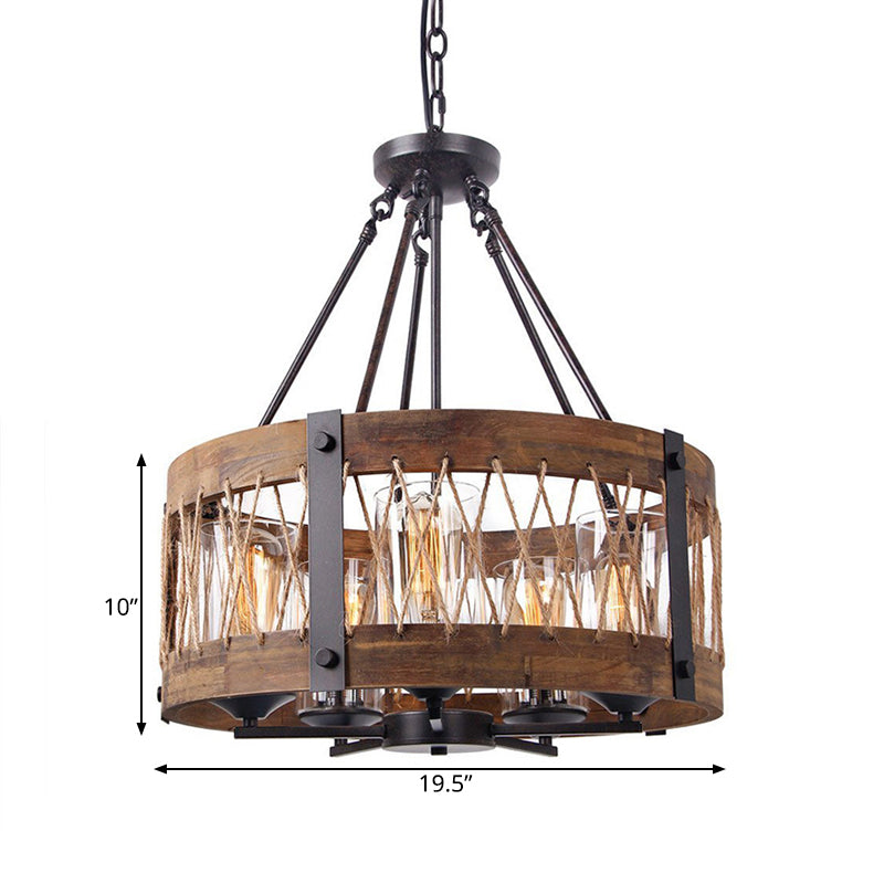 Traditional Drum Shaped Hanging Lamp 5 Bulbs Wooden Chandelier Light Fixture in Brown Clearhalo 'Ceiling Lights' 'Chandeliers' Lighting' options 340579