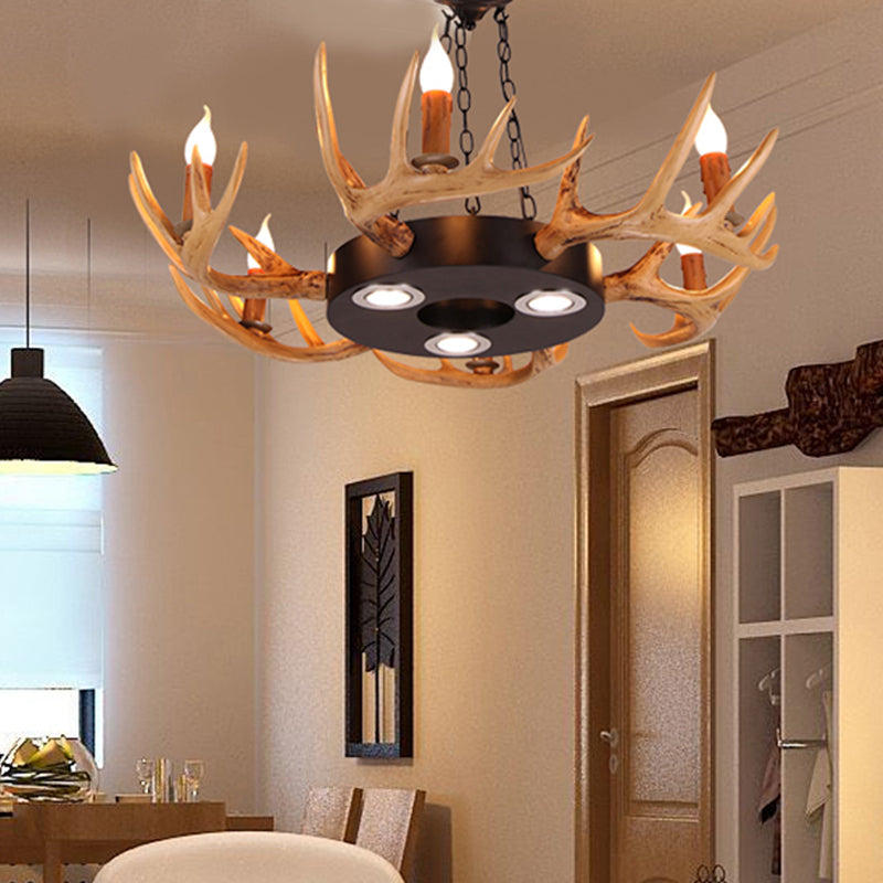 6 Lights Resin Chandelier Lamp Village Wood Candelabra Living Room Down Lighting Pendant Clearhalo 'Ceiling Lights' 'Chandeliers' Lighting' options 340619