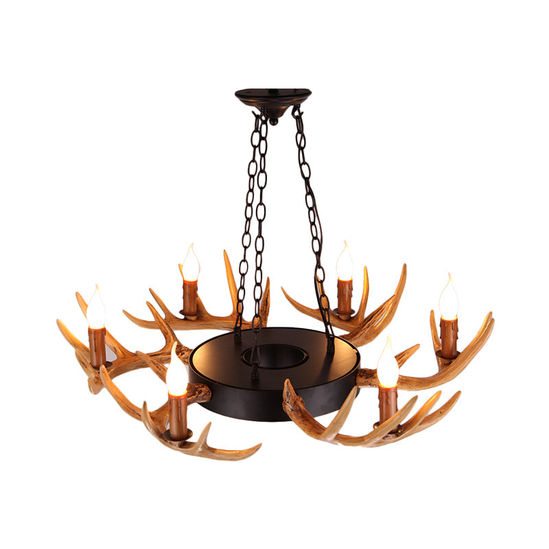 6 Lights Resin Chandelier Lamp Village Wood Candelabra Living Room Down Lighting Pendant Clearhalo 'Ceiling Lights' 'Chandeliers' Lighting' options 340620