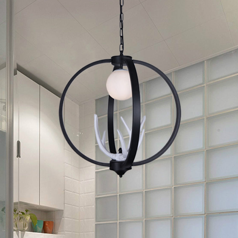 Traditional Orb Hanging Lamp Single Bulb Metal Chandelier Light Fixture with White Glass Shade in Black Clearhalo 'Ceiling Lights' 'Chandeliers' Lighting' options 340672