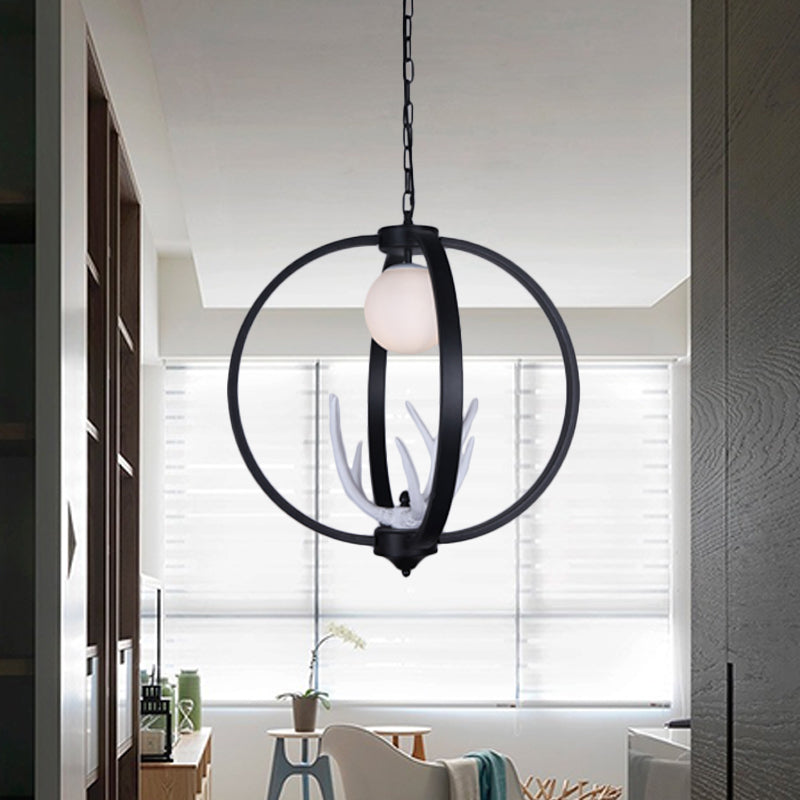 Traditional Orb Hanging Lamp Single Bulb Metal Chandelier Light Fixture with White Glass Shade in Black Clearhalo 'Ceiling Lights' 'Chandeliers' Lighting' options 340673