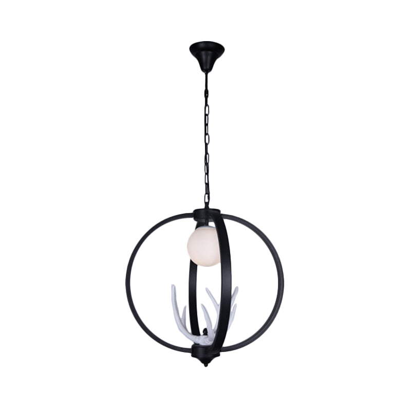 Traditional Orb Hanging Lamp Single Bulb Metal Chandelier Light Fixture with White Glass Shade in Black Clearhalo 'Ceiling Lights' 'Chandeliers' Lighting' options 340675