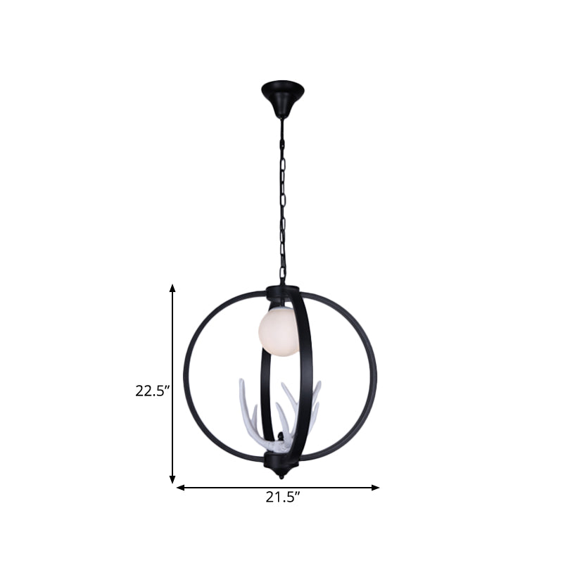 Traditional Orb Hanging Lamp Single Bulb Metal Chandelier Light Fixture with White Glass Shade in Black Clearhalo 'Ceiling Lights' 'Chandeliers' Lighting' options 340676