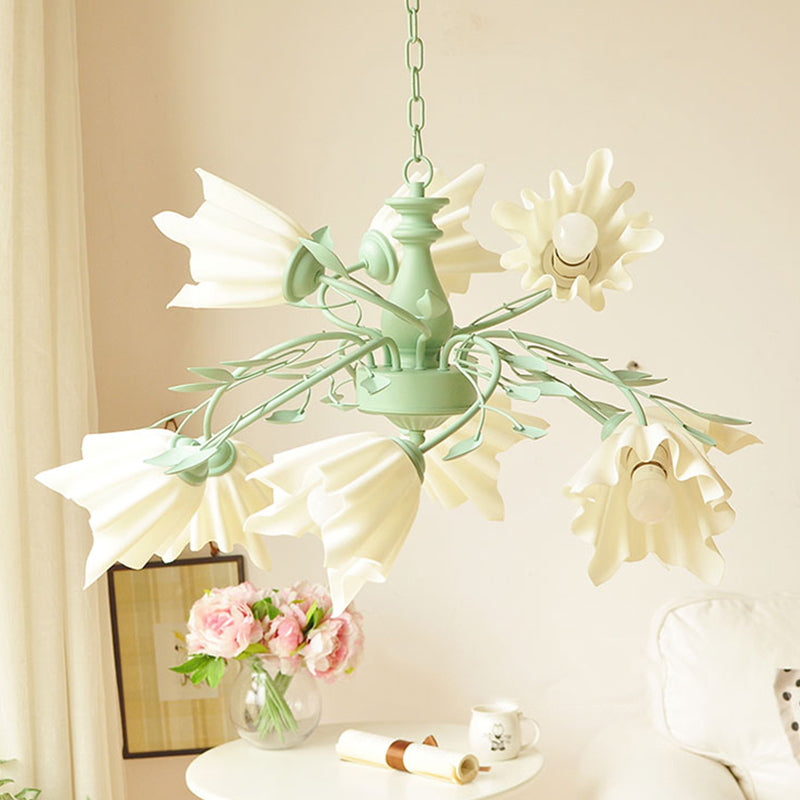 Green Flower Chandelier Lighting Modernism Metal 9 Bulbs Pendant Light Fixture for Living Room Clearhalo 'Ceiling Lights' 'Chandeliers' Lighting' options 342085