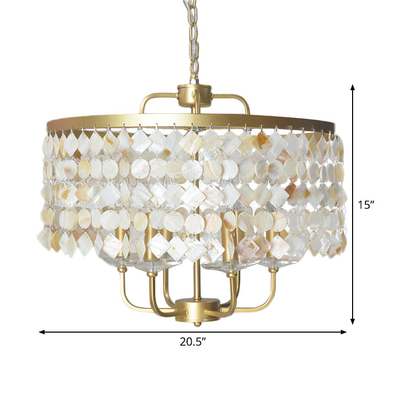 4/6 Bulbs Drum Ceiling Chandelier Traditional Shell Suspended Lighting Fixture in Brass Clearhalo 'Ceiling Lights' 'Chandeliers' Lighting' options 342108