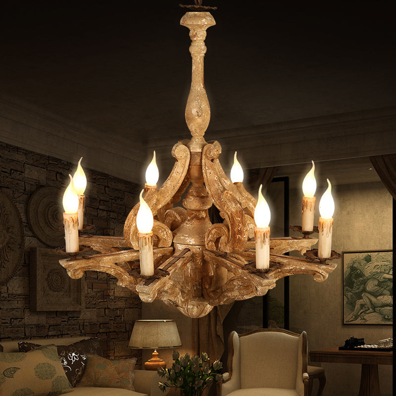 Wooden Candle Chandelier Lamp Rustic 8-Head Restaurant Pendant Ceiling Light in Distressed White Clearhalo 'Ceiling Lights' 'Chandeliers' Lighting' options 342306