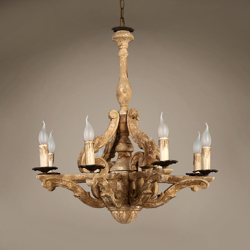 Wooden Candle Chandelier Lamp Rustic 8-Head Restaurant Pendant Ceiling Light in Distressed White Clearhalo 'Ceiling Lights' 'Chandeliers' Lighting' options 342308