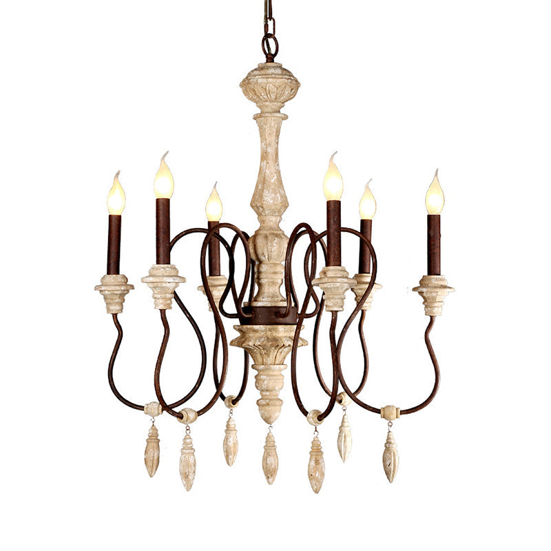 Traditional Candelabra Hanging Pendant 6 Lights Wooden Ceiling Chandelier in Ivory for Living Room Clearhalo 'Ceiling Lights' 'Chandeliers' Lighting' options 342325