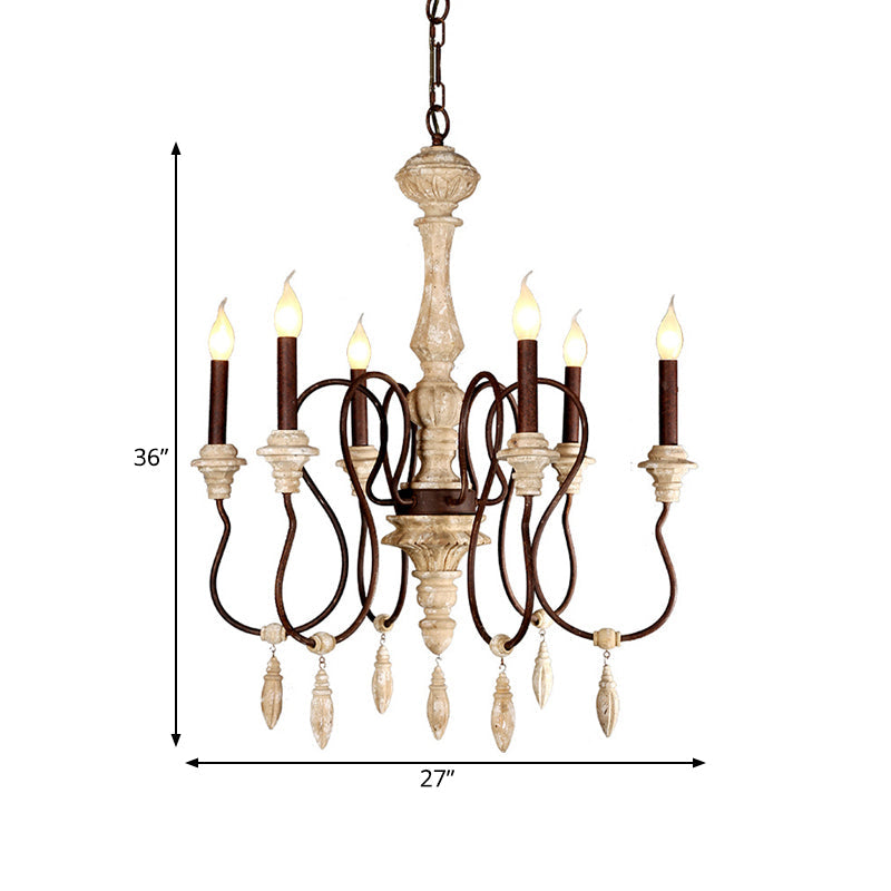 Traditional Candelabra Hanging Pendant 6 Lights Wooden Ceiling Chandelier in Ivory for Living Room Clearhalo 'Ceiling Lights' 'Chandeliers' Lighting' options 342327