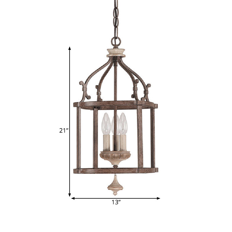 Traditional Wooden Birdcage Hanging Lamp 3 Bulbs Metal Chandelier Light Fixture in Rust for Living Room Clearhalo 'Ceiling Lights' 'Chandeliers' Lighting' options 342342