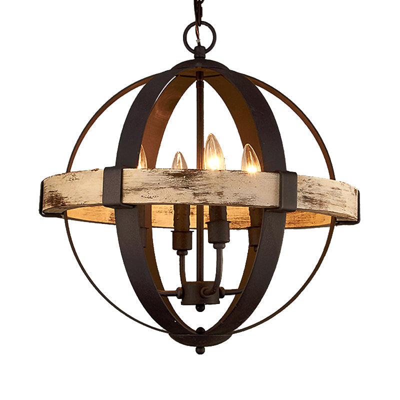 Wooden Global Chandelier Lamp Rural 4-Head Living Room Pendant Ceiling Light in Brown Clearhalo 'Ceiling Lights' 'Chandeliers' Lighting' options 342374