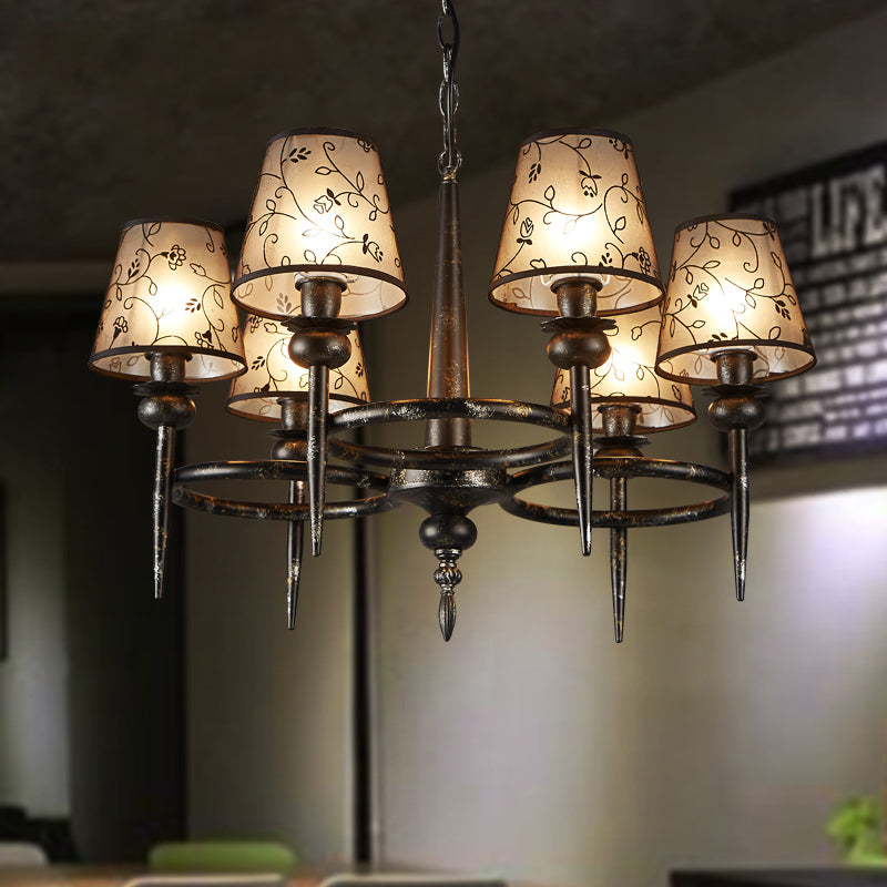 Traditional Cone Hanging Lamp 6 Bulbs Fabric Chandelier Light Fixture in Black for Restaurant Clearhalo 'Ceiling Lights' 'Chandeliers' Lighting' options 342376