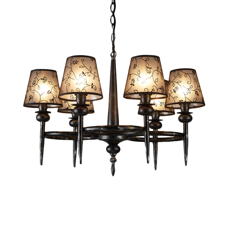 Traditional Cone Hanging Lamp 6 Bulbs Fabric Chandelier Light Fixture in Black for Restaurant Clearhalo 'Ceiling Lights' 'Chandeliers' Lighting' options 342379