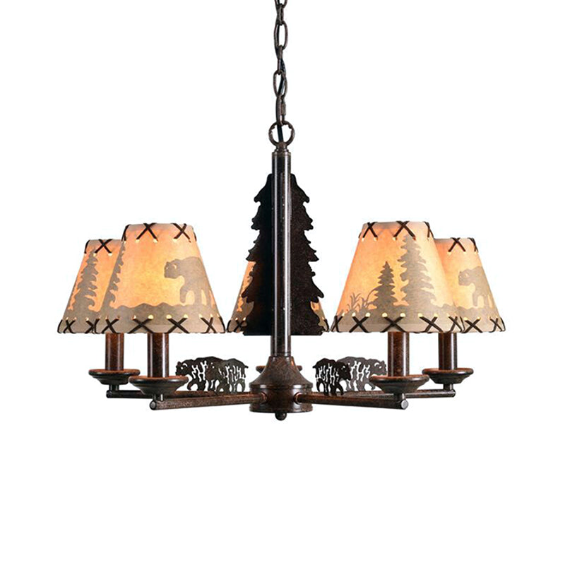 Tapered Indoor Hanging Lamp Traditional Fabric 5 Bulbs Rust Chandelier Pendant Light Clearhalo 'Ceiling Lights' 'Chandeliers' Lighting' options 342388