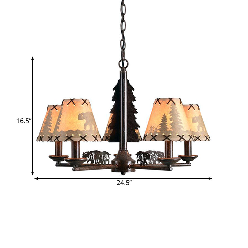 Tapered Indoor Hanging Lamp Traditional Fabric 5 Bulbs Rust Chandelier Pendant Light Clearhalo 'Ceiling Lights' 'Chandeliers' Lighting' options 342390