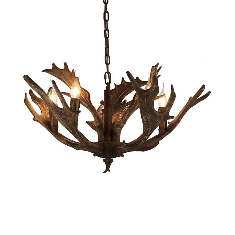 Coffee/Ivory 5 Lights Chandelier Lighting Rustic Resin Candelabra Pendant Lamp with Deer Antler Clearhalo 'Ceiling Lights' 'Chandeliers' Lighting' options 342446