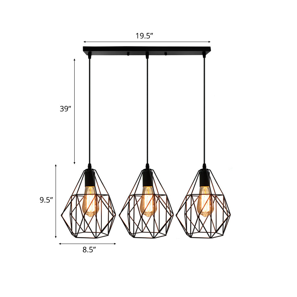 Vintage Style Faceted Cage Ceiling Fixture 3 Bulbs Metal Pendant Lighting with Linear/Round Canopy in Black for Dining Table Clearhalo 'Ceiling Lights' 'Pendant Lights' 'Pendants' Lighting' 34658