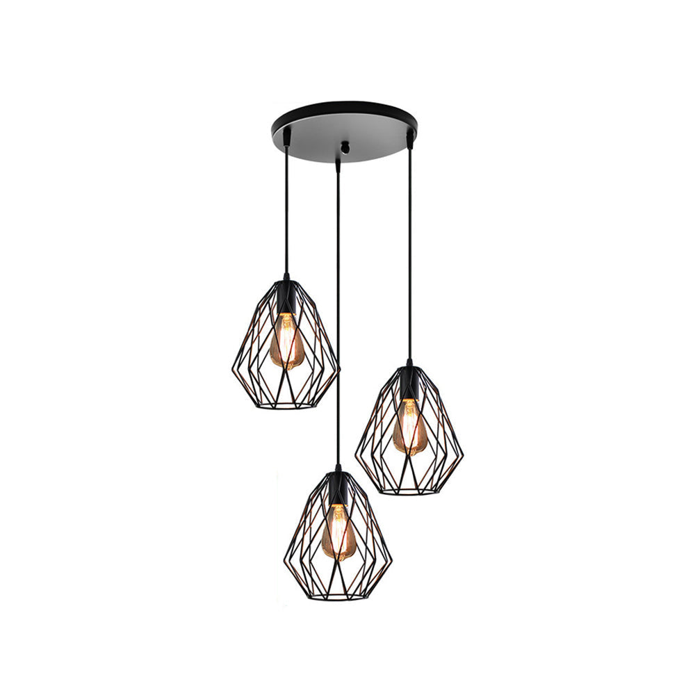 Vintage Style Faceted Cage Ceiling Fixture 3 Bulbs Metal Pendant Lighting with Linear/Round Canopy in Black for Dining Table Clearhalo 'Ceiling Lights' 'Pendant Lights' 'Pendants' Lighting' 34663