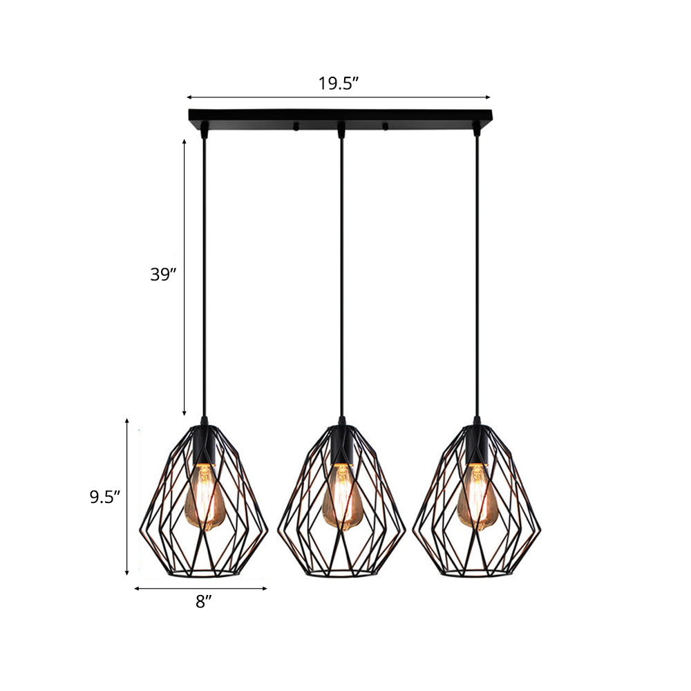 Vintage Style Faceted Cage Ceiling Fixture 3 Bulbs Metal Pendant Lighting with Linear/Round Canopy in Black for Dining Table Clearhalo 'Ceiling Lights' 'Pendant Lights' 'Pendants' Lighting' 34667