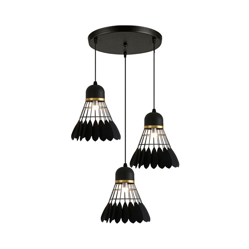 3 Lights Badminton Pendant Lighting Retro Stylish Black Finish Metal Hanging Light Fixture with Round/Linear Canopy Clearhalo 'Ceiling Lights' 'Pendant Lights' 'Pendants' Lighting' 34693