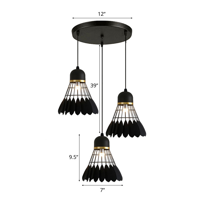 3 Lights Badminton Pendant Lighting Retro Stylish Black Finish Metal Hanging Light Fixture with Round/Linear Canopy Clearhalo 'Ceiling Lights' 'Pendant Lights' 'Pendants' Lighting' 34694