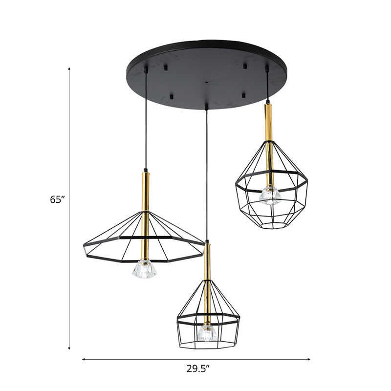 Industrial Wire Cage Ceiling Pendant with Different Shade 3 Lights Metal Hanging Ceiling Light in Black Clearhalo 'Ceiling Lights' 'Pendant Lights' 'Pendants' Lighting' 34939