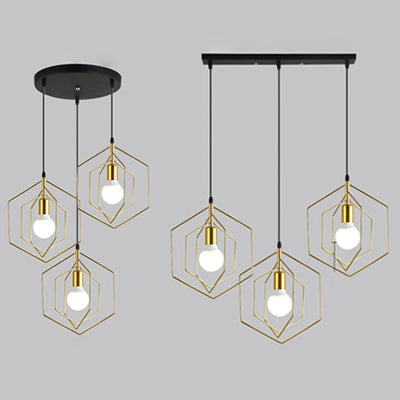 Hexagon Metal Frame Suspension Light Retro Loft 3 Lights Dining Room Hanging Pendant Light in Gold Clearhalo 'Art Deco Pendants' 'Cast Iron' 'Ceiling Lights' 'Ceramic' 'Crystal' 'Industrial Pendants' 'Industrial' 'Metal' 'Middle Century Pendants' 'Pendant Lights' 'Pendants' 'Tiffany' Lighting' 35198