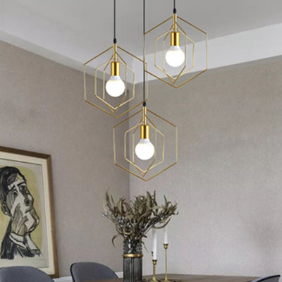 Hexagon Metal Frame Suspension Light Retro Loft 3 Lights Dining Room Hanging Pendant Light in Gold Clearhalo 'Art Deco Pendants' 'Cast Iron' 'Ceiling Lights' 'Ceramic' 'Crystal' 'Industrial Pendants' 'Industrial' 'Metal' 'Middle Century Pendants' 'Pendant Lights' 'Pendants' 'Tiffany' Lighting' 35200