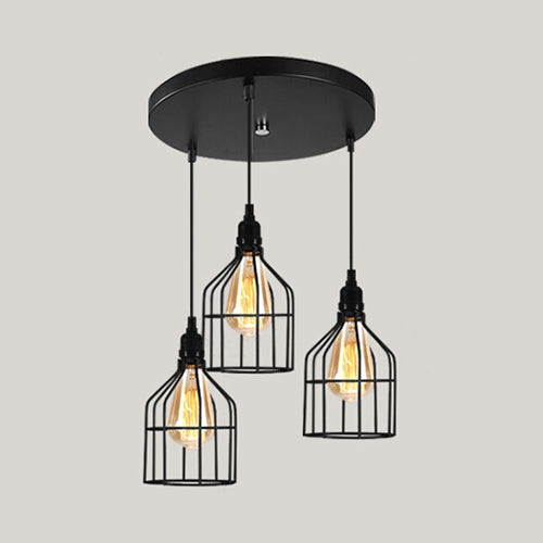 Vintage Industrial Caged Pendant Lighting 3 Heads Metallic Hanging Ceiling Light with Round/Linear Canopy in Black Clearhalo 'Ceiling Lights' 'Pendant Lights' 'Pendants' Lighting' 35274