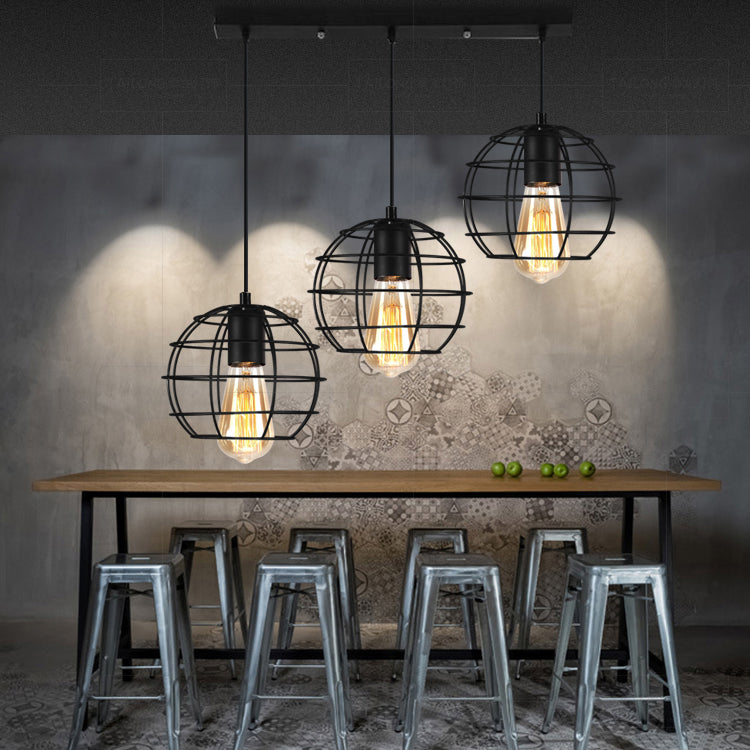 Vintage Industrial Caged Pendant Lighting 3 Heads Metallic Hanging Ceiling Light with Round/Linear Canopy in Black Clearhalo 'Ceiling Lights' 'Pendant Lights' 'Pendants' Lighting' 35277