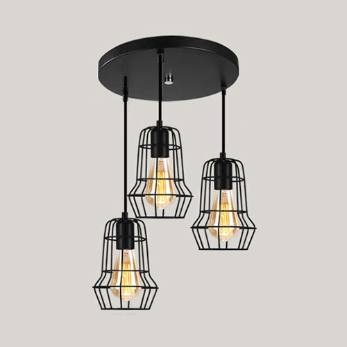 Vintage Industrial Caged Pendant Lighting 3 Heads Metallic Hanging Ceiling Light with Round/Linear Canopy in Black Clearhalo 'Ceiling Lights' 'Pendant Lights' 'Pendants' Lighting' 35279