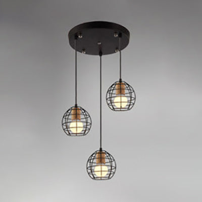 3 Heads Ceiling Fixture Retro Stylish Globe/Hexagon Cage Shade Metal Pendant Light Fixture in Black Black Globe Round Clearhalo 'Art Deco Pendants' 'Black' 'Cast Iron' 'Ceiling Lights' 'Ceramic' 'Crystal' 'Industrial Pendants' 'Industrial' 'Metal' 'Middle Century Pendants' 'Pendant Lights' 'Pendants' 'Rustic Pendants' 'Tiffany' Lighting' 35319