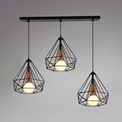 3 Bulbs Pendant Lighting Industrial Style Diamond Cage Shade Metallic Ceiling Pendant in Black Black Linear Clearhalo 'Art Deco Pendants' 'Black' 'Cast Iron' 'Ceiling Lights' 'Ceramic' 'Crystal' 'Industrial Pendants' 'Industrial' 'Metal' 'Middle Century Pendants' 'Pendant Lights' 'Pendants' 'Rustic Pendants' 'Tiffany' Lighting' 35380