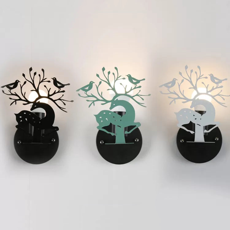 Kids Sika Deer Wall Light with Bird Metal 1 Light Wall Sconce for Restaurant Cafe Clearhalo 'Wall Lamps & Sconces' 'Wall Lights' Lighting' 35437