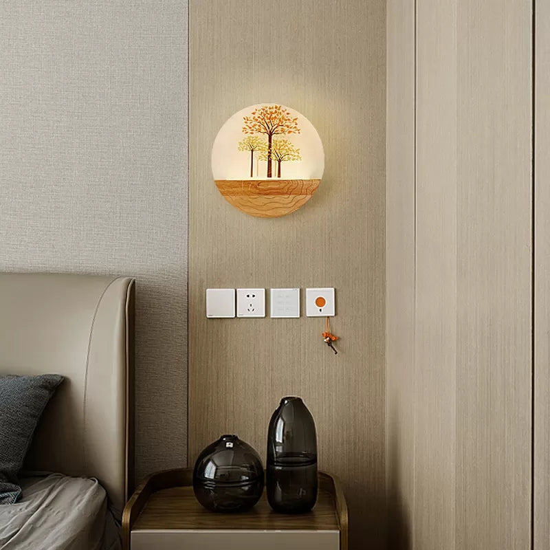 Circle Living Room Wall Light with Natural View Wood Rustic Wall Lamp in Beige Clearhalo 'Wall Lamps & Sconces' 'Wall Lights' Lighting' 35474