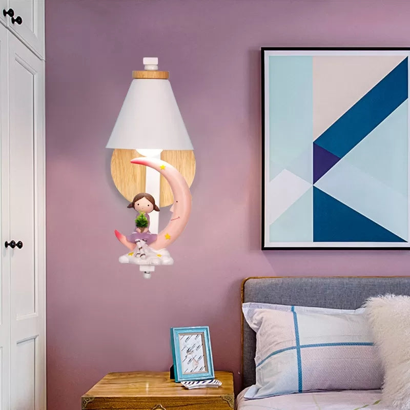 Funnel Shade Wall Light with Little Kid Deco 1 Head Lovely Metal Wall Sconce for Child Bedroom Clearhalo 'Wall Lamps & Sconces' 'Wall Lights' Lighting' 35510