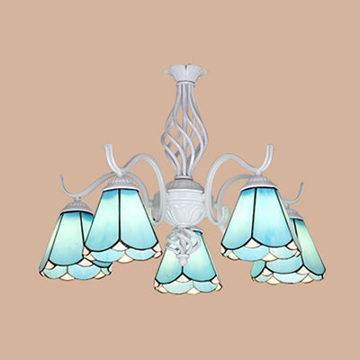 5 Lights Tiffany Pendant Light with Conical Shade Stained Glass Living Room Chandelier in White/Blue Blue Clearhalo 'Ceiling Lights' 'Chandeliers' 'Close To Ceiling Lights' 'Industrial' 'Middle Century Chandeliers' 'Tiffany Chandeliers' 'Tiffany close to ceiling' 'Tiffany' Lighting' 35637