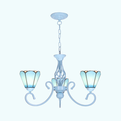 Conical Hanging Chandelier with Metal Chain Tiffany 3 Lights Stained Glass Drop Ceiling Light in Blue/White Blue Clearhalo 'Ceiling Lights' 'Chandeliers' 'Industrial' 'Middle Century Chandeliers' 'Tiffany Chandeliers' 'Tiffany close to ceiling' 'Tiffany' Lighting' 35711