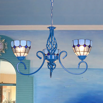 Bowl Pendant Lighting Blue Glass 3/5 Lights Mediterranean Chandelier Lighting for Foyer 3 Blue Clearhalo 'Ceiling Lights' 'Chandeliers' 'Industrial' 'Middle Century Chandeliers' 'Tiffany Chandeliers' 'Tiffany close to ceiling' 'Tiffany' Lighting' 35788