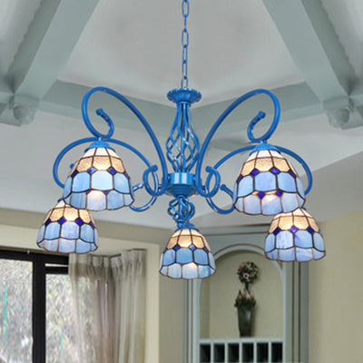 Bowl Pendant Lighting Blue Glass 3/5 Lights Mediterranean Chandelier Lighting for Foyer 5 Blue Clearhalo 'Ceiling Lights' 'Chandeliers' 'Industrial' 'Middle Century Chandeliers' 'Tiffany Chandeliers' 'Tiffany close to ceiling' 'Tiffany' Lighting' 35789