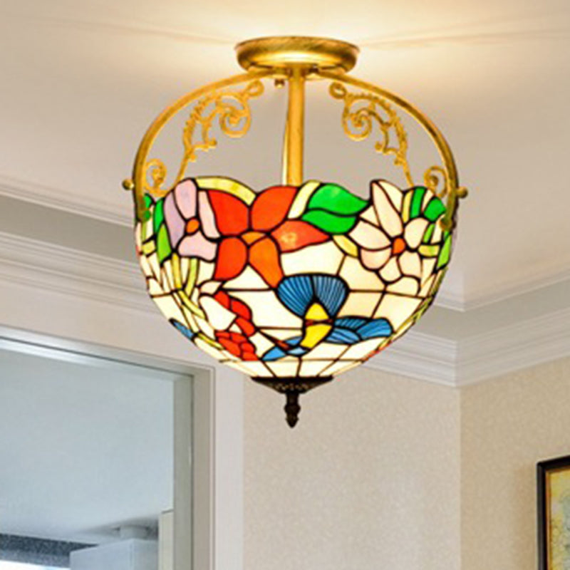 Rose Semi Flush Mount Lighting 2 Lights Stained Glass Mediterranean Ceiling Mounted Fixture in Red/Pink/Blue Blue Clearhalo 'Ceiling Lights' 'Close To Ceiling Lights' 'Close to ceiling' 'Glass shade' 'Glass' 'Pendant Lights' 'Semi-flushmount' 'Tiffany close to ceiling' 'Tiffany' Lighting' 359252