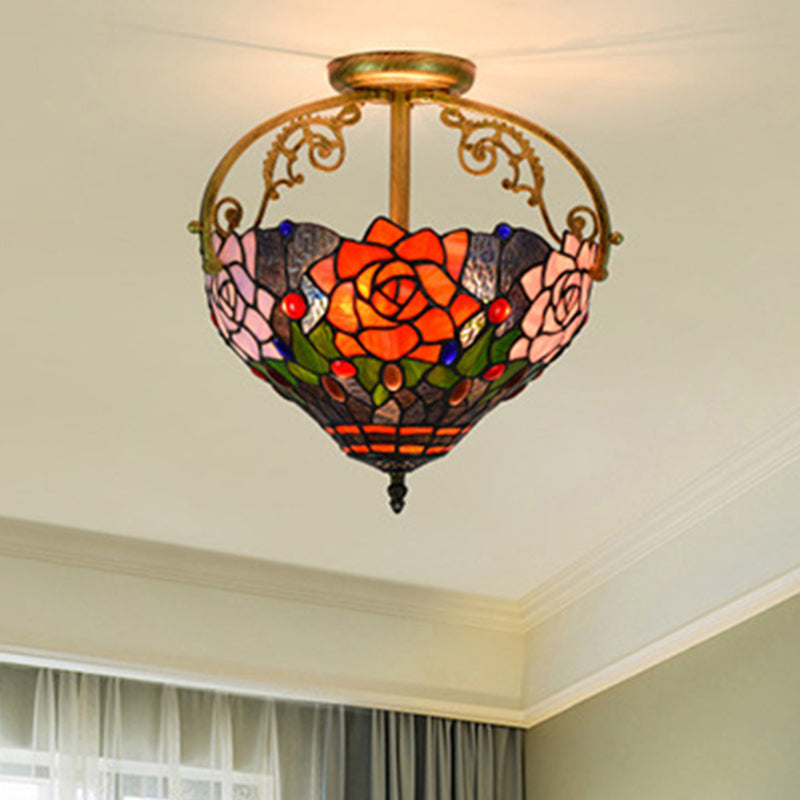 2 Lights Floral Bush Semi Flush Light Fixture Victorian Red/Pink/Green Cut Glass Ceiling Flush for Corridor Orange Clearhalo 'Ceiling Lights' 'Close To Ceiling Lights' 'Close to ceiling' 'Glass shade' 'Glass' 'Pendant Lights' 'Semi-flushmount' 'Tiffany close to ceiling' 'Tiffany' Lighting' 359287