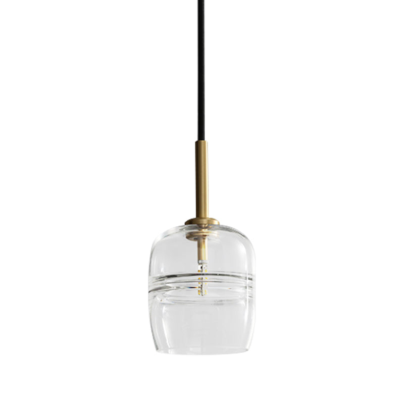 Clear Glass Jar Hanging Lamp Minimalism 1 Bulb Brass LED Pendant Ceiling Light for Dining Room Clearhalo 'Ceiling Lights' 'Close To Ceiling Lights' 'Glass shade' 'Glass' 'Modern Pendants' 'Modern' 'Pendant Lights' 'Pendants' Lighting' 359298