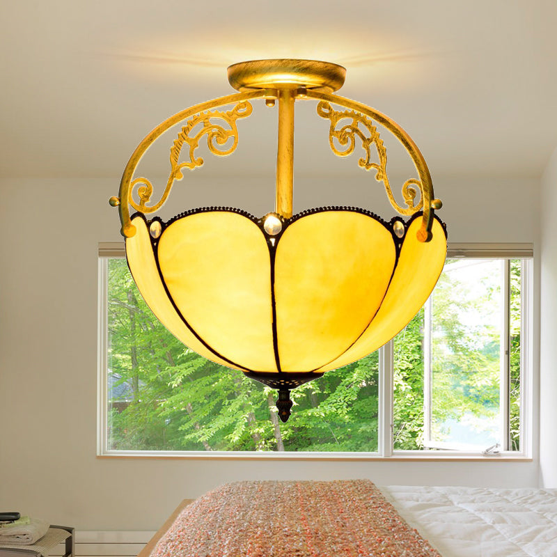 Yellow 2 Lights Semi Flush Light Fixture Tiffany Cut Glass Blossom Ceiling Lighting for Corridor Clearhalo 'Ceiling Lights' 'Close To Ceiling Lights' 'Close to ceiling' 'Glass shade' 'Glass' 'Semi-flushmount' 'Tiffany close to ceiling' 'Tiffany' Lighting' 359317