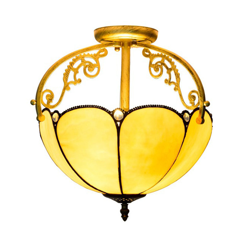 Yellow 2 Lights Semi Flush Light Fixture Tiffany Cut Glass Blossom Ceiling Lighting for Corridor Clearhalo 'Ceiling Lights' 'Close To Ceiling Lights' 'Close to ceiling' 'Glass shade' 'Glass' 'Semi-flushmount' 'Tiffany close to ceiling' 'Tiffany' Lighting' 359318