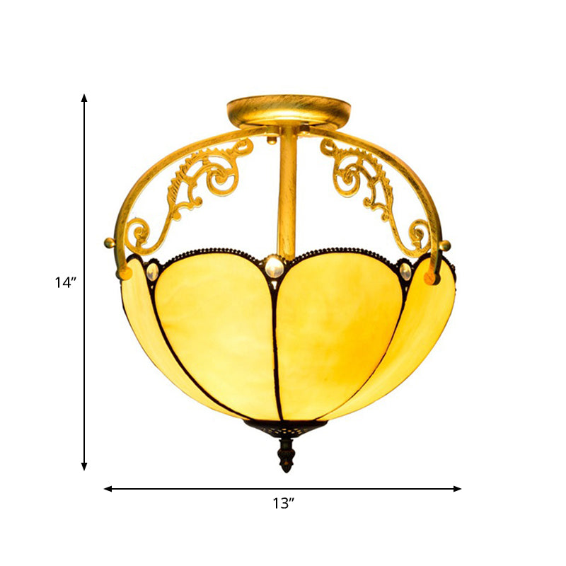 Yellow 2 Lights Semi Flush Light Fixture Tiffany Cut Glass Blossom Ceiling Lighting for Corridor Clearhalo 'Ceiling Lights' 'Close To Ceiling Lights' 'Close to ceiling' 'Glass shade' 'Glass' 'Semi-flushmount' 'Tiffany close to ceiling' 'Tiffany' Lighting' 359320